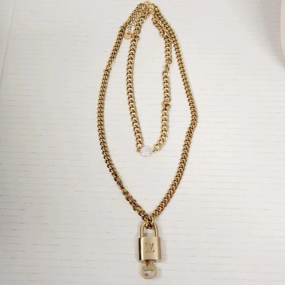 Auth Louis Vuitton Lock&Key Gold w/Unbranded Cuban Style Stainless Double Chain - Picture 10 of 14